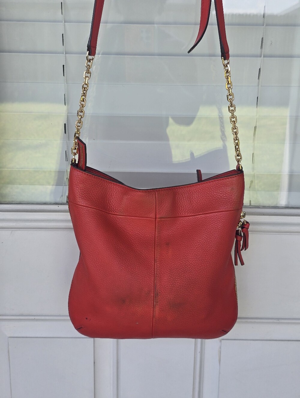 Tory Burch Red Pebbled Leather Crossbody Shoulder Bag Gold Chain Tassel - Picture 6 of 15